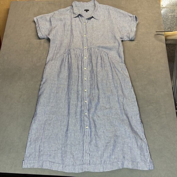 Talbots Size XL Linen Shirt Dress Blue White Striped Button Front Short Sleeve - Picture 1 of 7